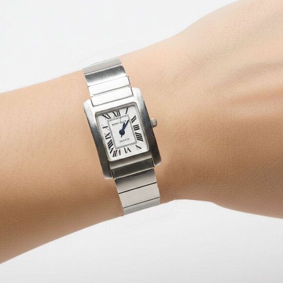 Perry Ellis Women's Silver Tone Roman Numeral Quartz Watch Small Rectangle Dress - Picture 2 of 13